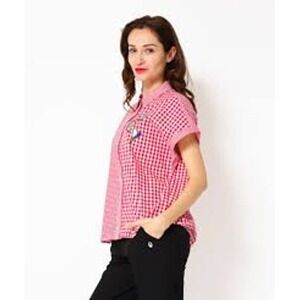 American‎ Sweetheart Pink White Gingham Hummingbird Embroidered Short Sleeve Top
